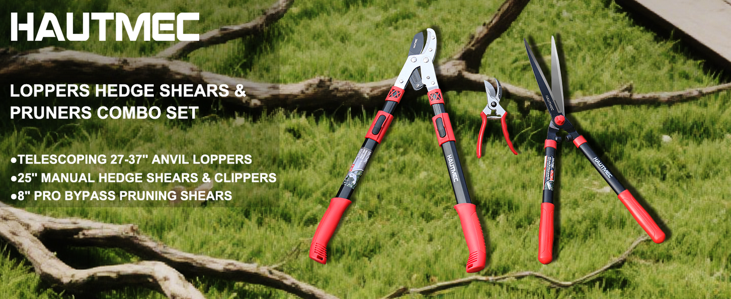 HAUTMEC Pro Loppers Hedge Shears & Pruners Combo Set 3-Piece Garden Pruning Shears Hedge Clippers,Heavy Duty Tree & Shrub Kit for Yard, Lawn & Garden, Professional Branch Cutter Tree Trimmer,HT0462
