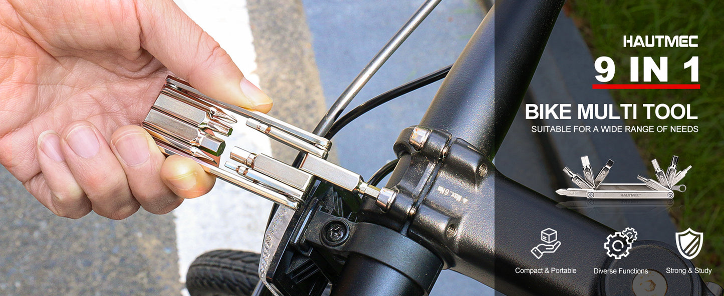 HAUTMEC 9 in 1 Bike Multitool, Mini Bike Repair Tool Kit for Road and Mountain Bikes, Lightweight Stainless Steel Bike Tool With 2/3/4/6mm Inner Hexagon and Phillips Screwdriver Multitool HT0418-BT