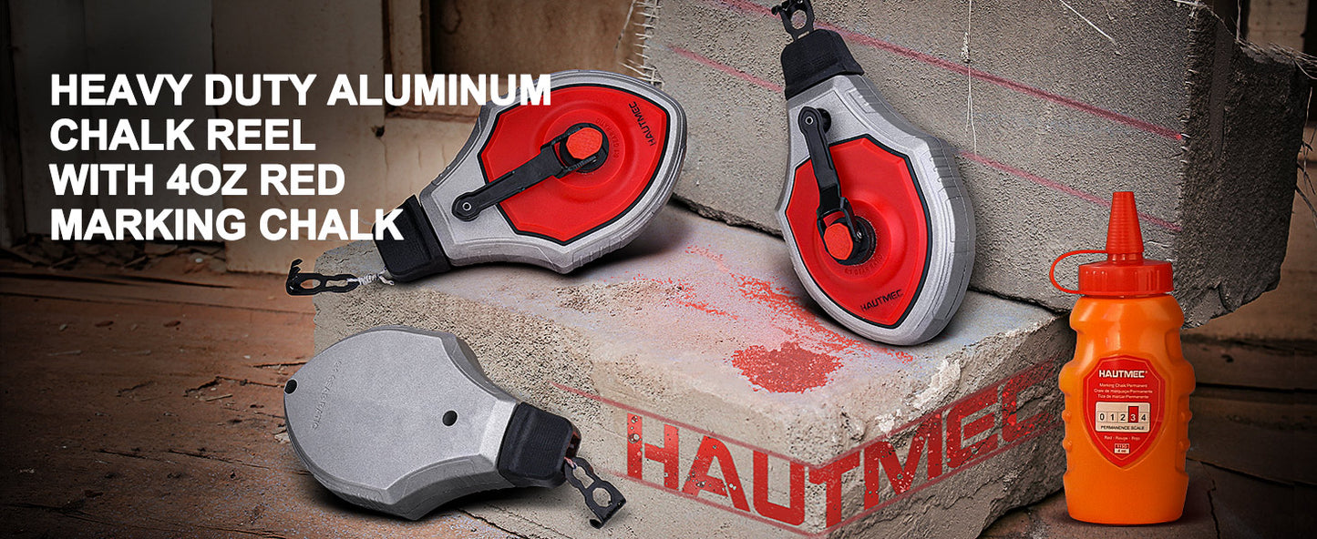 HAUTMEC Chalk Line, 30m/100ft Chalk Line Tool with Red Chalk, 6:1 Gear Ratio Reel, Chalk Box for Carpenters and Builders, HT0358