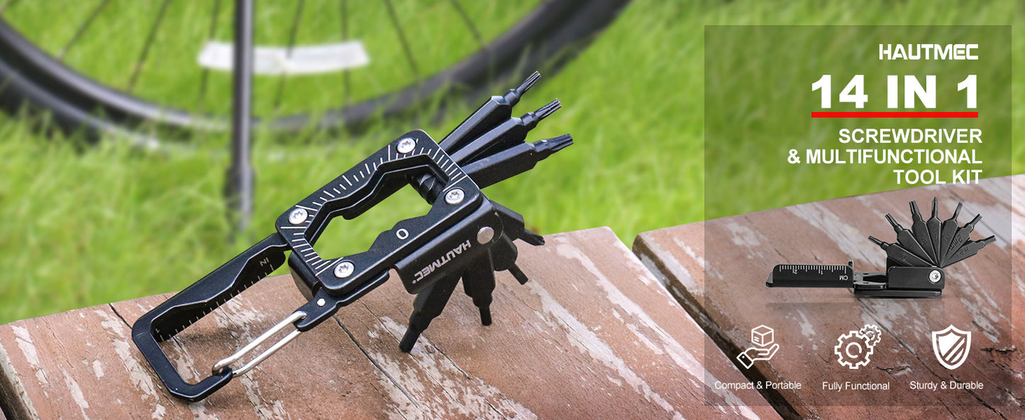 HAUTMEC 14 in 1 Bike Multitool, Mini Bike Repair Tool Kit for Road and Mountain Bikes, Lightweight S2 Stainless Steel Bike Tool With T6/8/10mm Wrenches and Phillips Screwdriver Multitool HT0419-BT