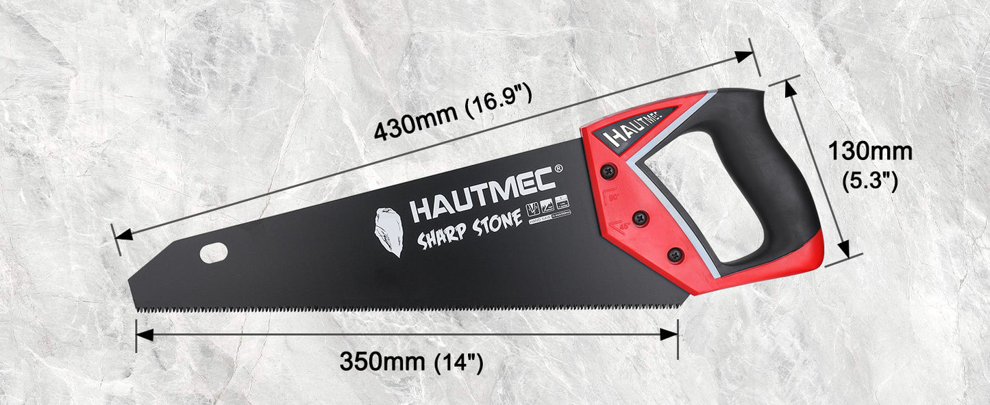 HAUTMEC 14 Inch Hand Saw, Pro Fine-Cut Handsaw with 11 TPI Anti-Rust SK5 Blade for Cutting Wood, Laminate, PVC, Heavy-Duty Wood Saw with Non-Slip Ergonomic Handle – HT0301 Sharp Stone Series
