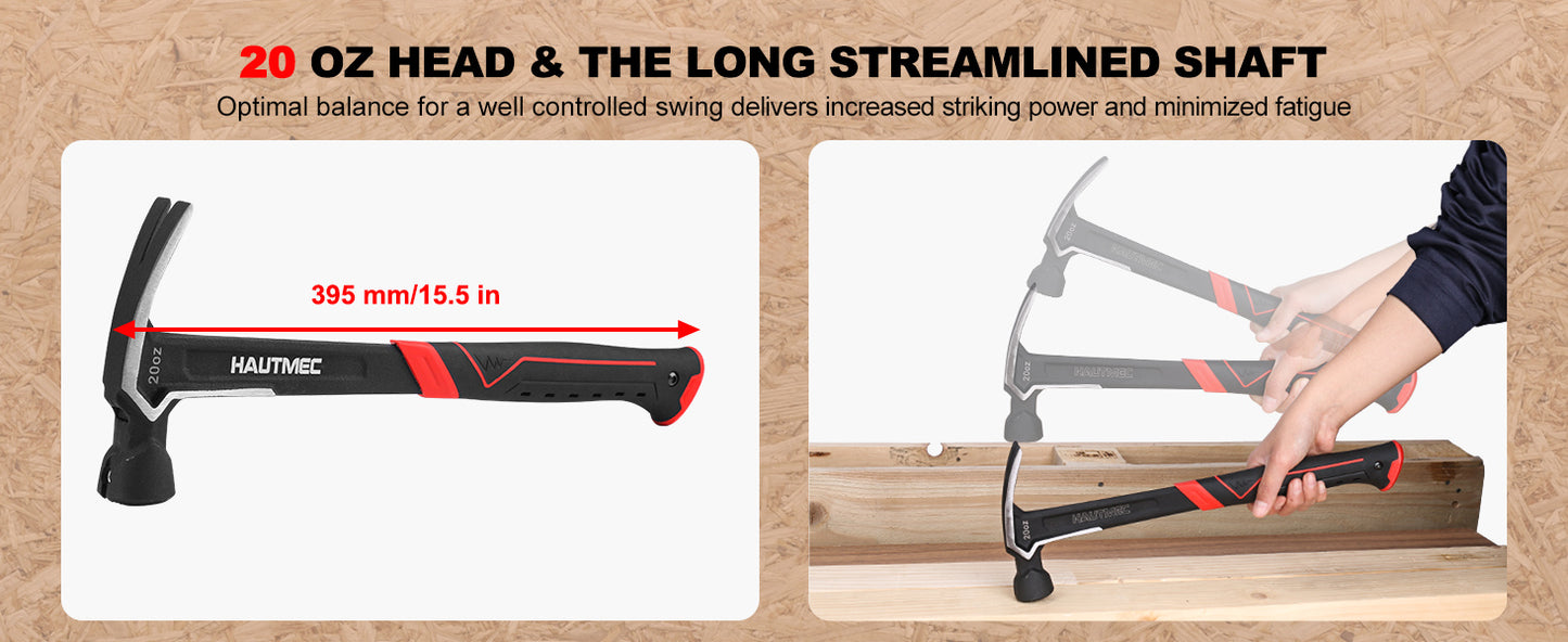HAUTMEC 20 oz. One Piece Forged Framing Hammer With Straight Rip Claw, Milled Face, Shock-Absorbing Grip, with Magnetic Nail Holder, HT0371-HM
