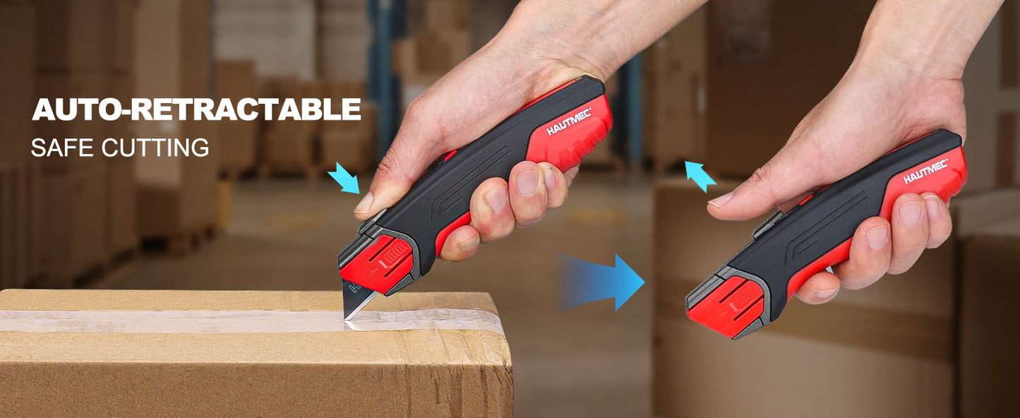 HAUTMEC Safety Self Retractable Utility Knife, Professional Heavy Duty Box Cutter With Extra 3 Black Sk2H Blades, Tool-free Blade Change, Safety Knife for Work HT0414-KN