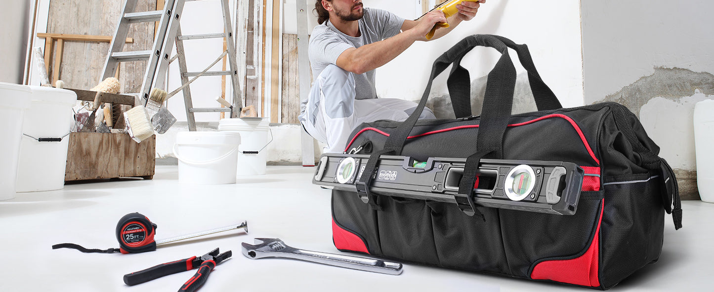 HAUTMEC 24 Inch Large Tool Bag, Heavy Duty 1680D Wide Mouth Tool Box Organizer, 36-Pockets Portable Utility Bag for Men with Level Holder and Removable Shoulder Strap, HT0284