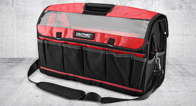 HAUTMEC 20" Heavy-Duty Tool Tote Bag with Waterproof & Dustproof Cover, 1680D Open Top Tool Bag with Rotating Handle, Level Holder and Adjustable Shoulder Strap – HT0296