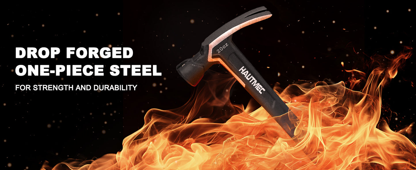 HAUTMEC 20 oz. One Piece Forged Framing Hammer With Straight Rip Claw, Milled Face, Shock-Absorbing Grip, with Magnetic Nail Holder, HT0371-HM