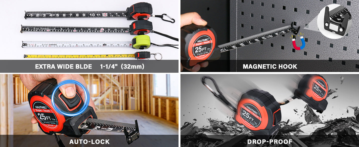 HAUTMEC Pro 25-Foot Tape Measure, 1.25-Inch Wide Carbon Steel Blade, Button Lock, Magnetic Hook, Dual-Sided Imperial/Metric Scale – Heavy-Duty for Contractors and Engineers, HT0283-TM