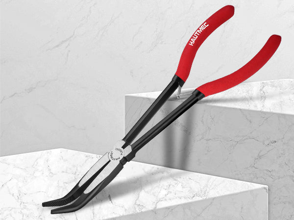 HAUTMEC 11Inch Extra Long Needle Nose Pliers Set, 5PCS Spring Loaded Heavy Duty Long Reach Pliers Include Hose Grip and Diagonal Cutting Plier, Straight and 45/90 Degree Bent Nose Pliers HT0316
