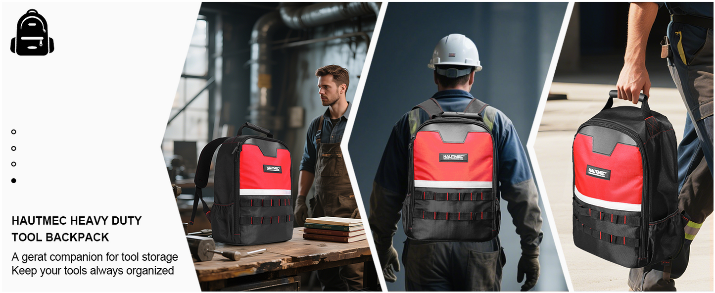 HAUTMEC Pro Tool Backpack Heavy Duty 1680D Water-Resistant Tool Bag with Laptop Compartment, Padded Straps for Comfortable Carry, Impact-Resistant Base, HT0407