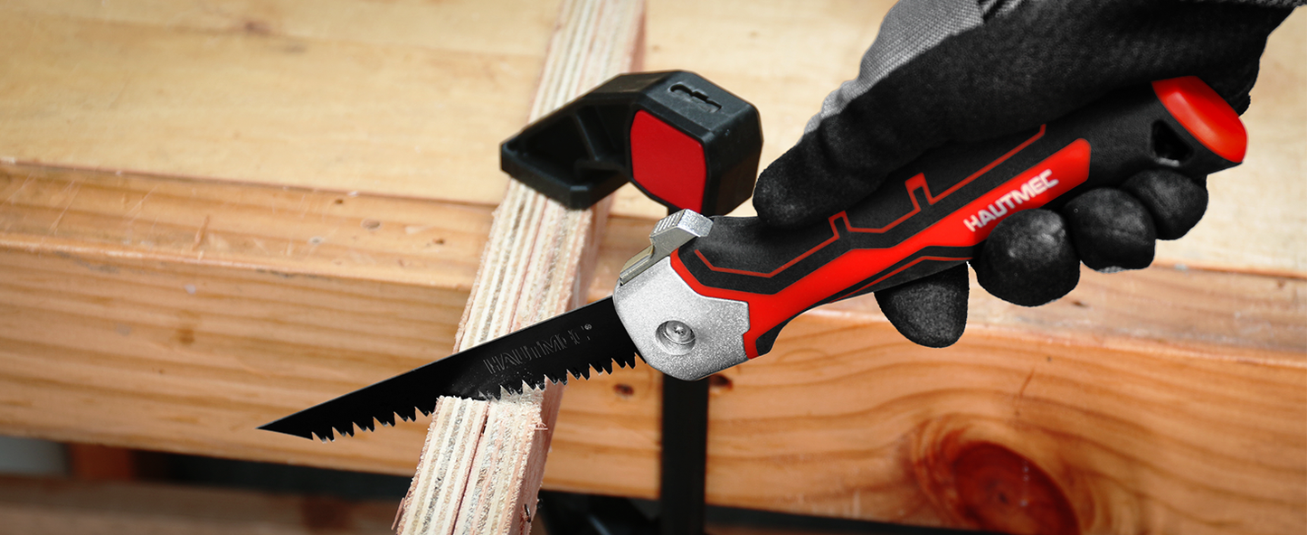 HAUTMEC 5" Folding Drywall Saw/Jab Saw/Keyhole Saw with Carbon Steel Blade, Sheetrock Saw with 7TPI Triple Sharpen Teeth, Compact Design with Holster, for Drywall, Wallboard, Plywood, PVC, HT0415
