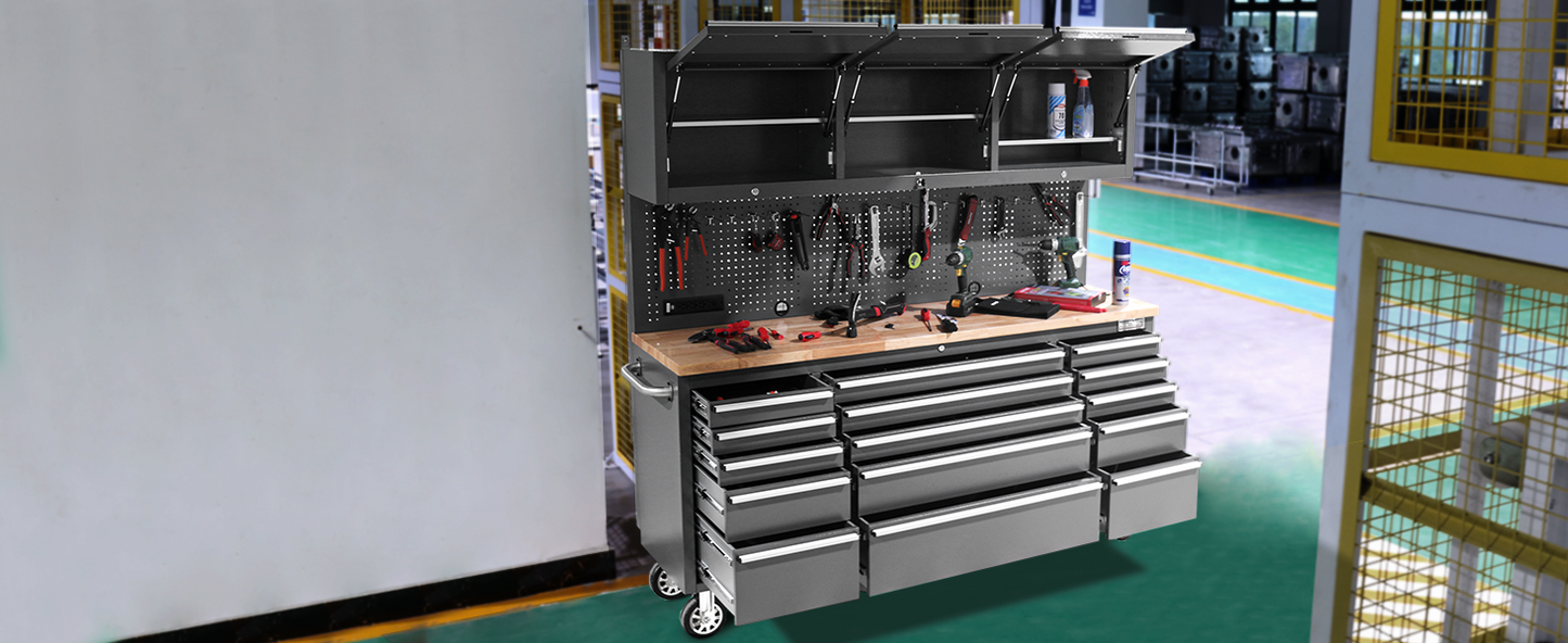 HAUTMEC 72-Inch Rolling Tool Chest with 51 PCS Pegboard Hooks & ETL-Certified Power Strip, Mobile Garage Workbench with 15 Drawers, 3 Upper Cabinets, Pegboard & Heavy-Duty Oak Work Surface HT0428-TC
