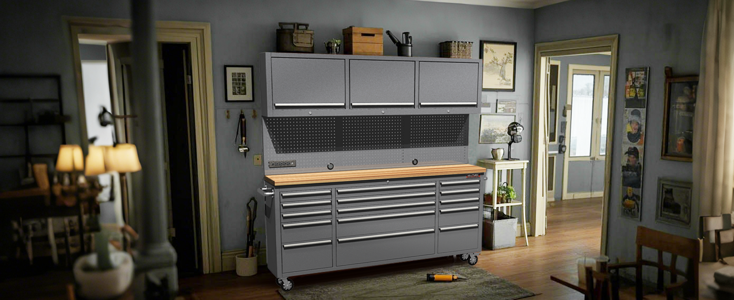 HAUTMEC 72-Inch Rolling Tool Chest with 51 PCS Pegboard Hooks & ETL-Certified Power Strip, Mobile Garage Workbench with 15 Drawers, 3 Upper Cabinets, Pegboard & Heavy-Duty Oak Work Surface HT0428-TC