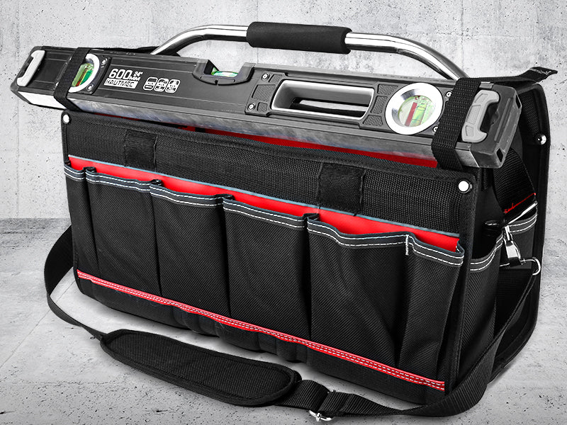 HAUTMEC 20" Heavy-Duty Tool Tote Bag with Waterproof & Dustproof Cover, 1680D Open Top Tool Bag with Rotating Handle, Level Holder and Adjustable Shoulder Strap – HT0296
