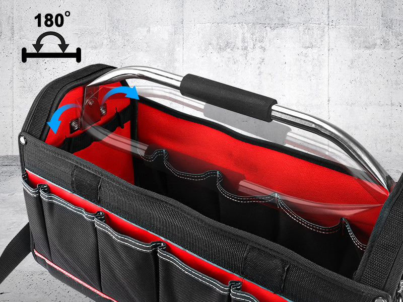 HAUTMEC 20" Heavy-Duty Tool Tote Bag with Waterproof & Dustproof Cover, 1680D Open Top Tool Bag with Rotating Handle, Level Holder and Adjustable Shoulder Strap – HT0296