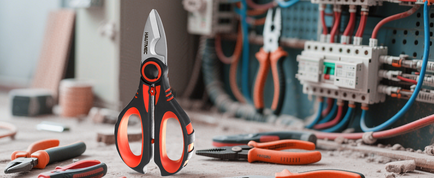 HAUTMEC Electrician Scissor, 6-1/4" Professional Electrician Shears with Stainless Serrated Blade, Cable Shears With Crimp, Notch Blade With Sheath, Comfortable Reinforced Fiberglass Handle,HT0416