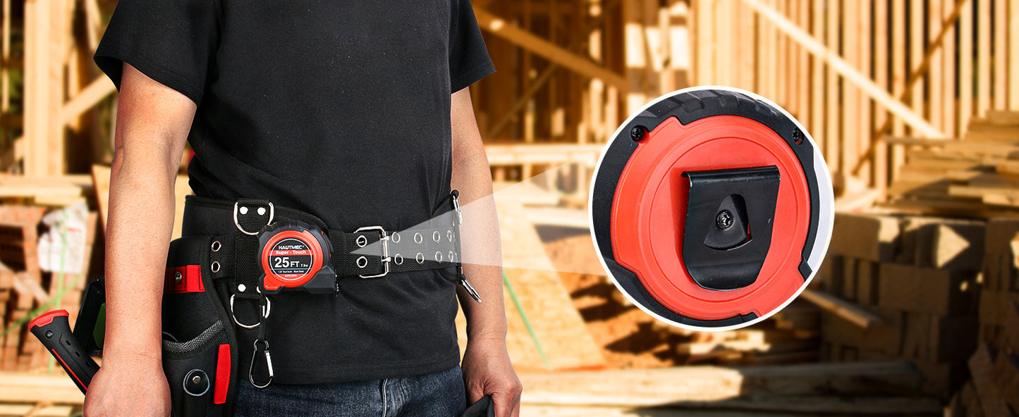 HAUTMEC Pro 25-Foot Tape Measure, 1.25-Inch Wide Carbon Steel Blade, Button Lock, Magnetic Hook, Dual-Sided Imperial/Metric Scale – Heavy-Duty for Contractors and Engineers, HT0283-TM