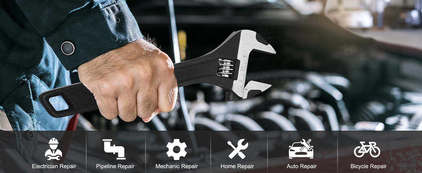 HAUTMEC 10 inch Adjustable Wrench Extra Wide Jaw Black Finish Adjustable Wrenches Drop-Forged CR-V Steel Metric & SAE Scales for Home Garage Workshop DIY, HT0374