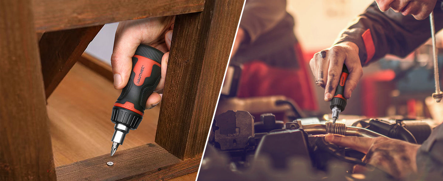 HAUTMEC 7-in-1 Stubby Ratcheting Screwdriver Set, Multi Screwdriver Tool All in One, Ratchet Short Screwdriver Set with Multi Bit Screw Driver for Use in Confined Space, Chrome Vanadium Steel Shaft HT0448