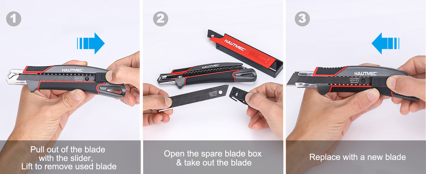 HAUTMEC Heavy Duty Utility Knife Box Cutter 18mm In Alluminum Alloy Shell, with Extra Ultra Sharp Black Sk2H 10 Blades in Safety Dispenser, Retractable and Auto-lock, HT0413-KN