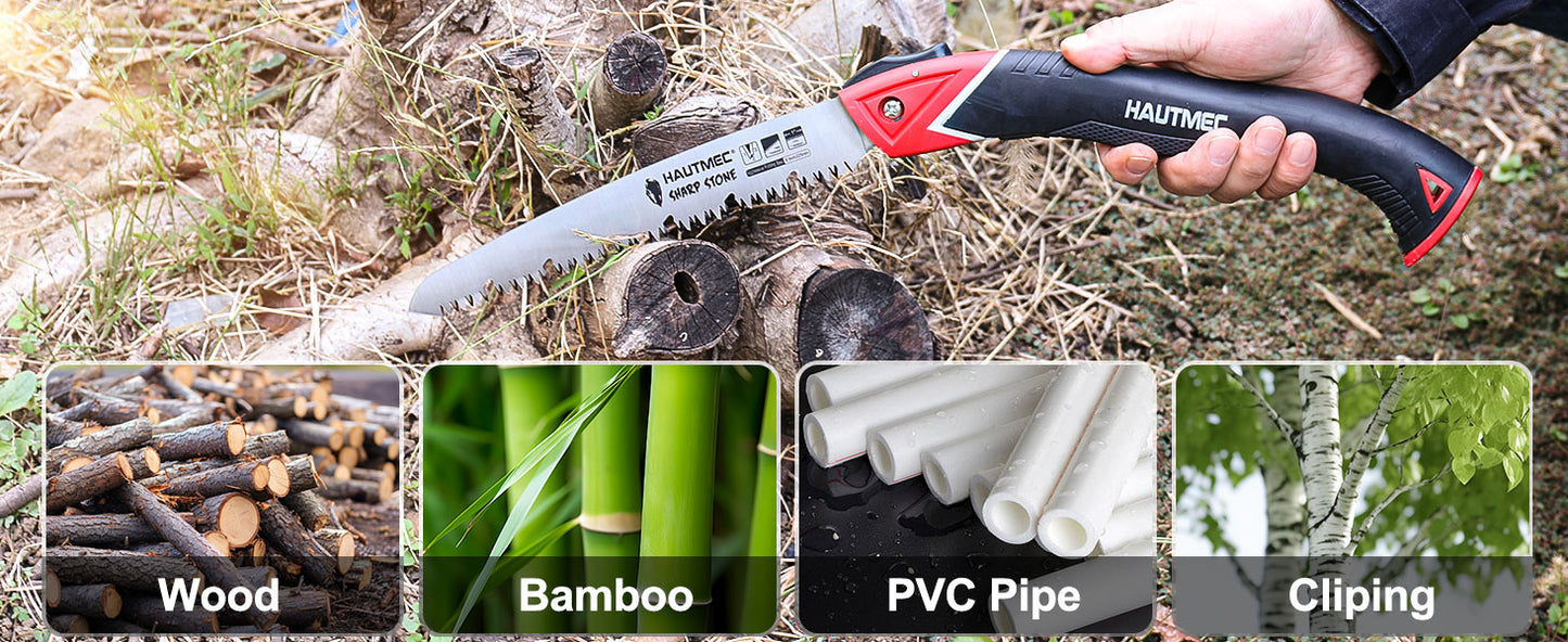 HAUTMEC 9" Pruning Hand saw, Pro Folding Saw of Sharp Stone Serie, SK5 Blade, Precision Hardened Triple-cut Teeth, Deep Gullets for Swift Chip HT0304