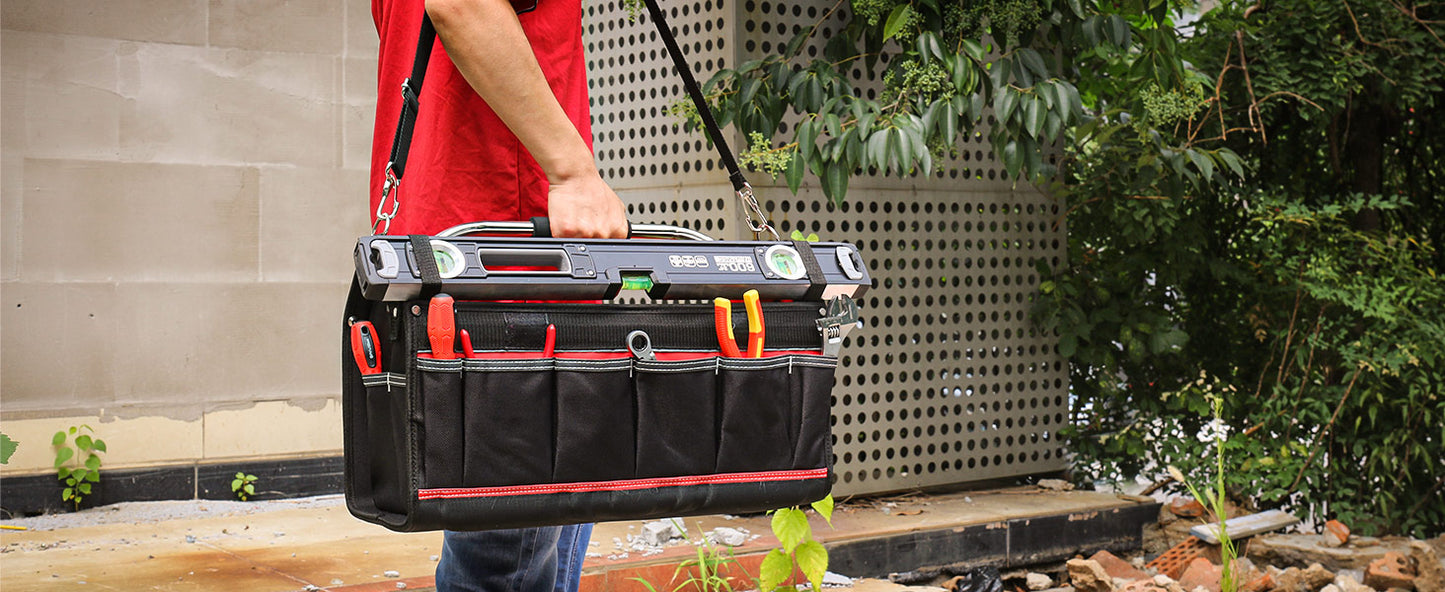 HAUTMEC 20" Heavy-Duty Tool Tote Bag with Waterproof & Dustproof Cover, 1680D Open Top Tool Bag with Rotating Handle, Level Holder and Adjustable Shoulder Strap – HT0296