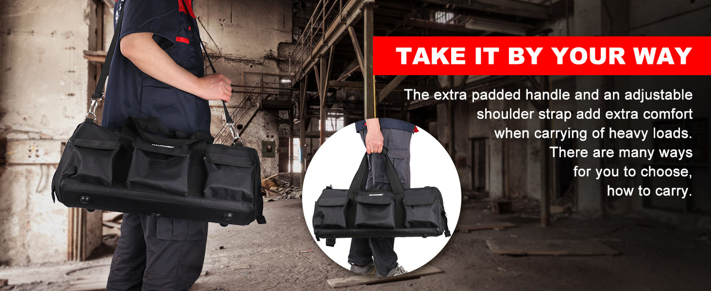 HAUTMEC 24" Heavy-Duty Tool Bag for Men, Portable Wide Mouth Tool Bag with 21-Pockets, Waterproof Molded Base, Adjustable Shoulder Strap & Metal Frame Structure, All Black – HT0184