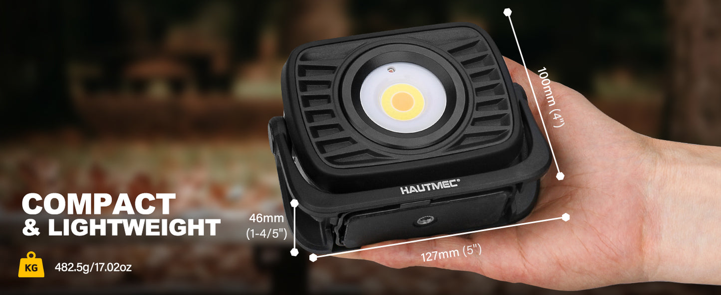 HAUTMEC Rechargeable Work Light, 360°Rotating COB 1500LM Portable Flood Light with Magnetic Base and Pothook, Waterproof Power Bank Worklight Tool for Car Repairing Construction Sites, HT0168-WL