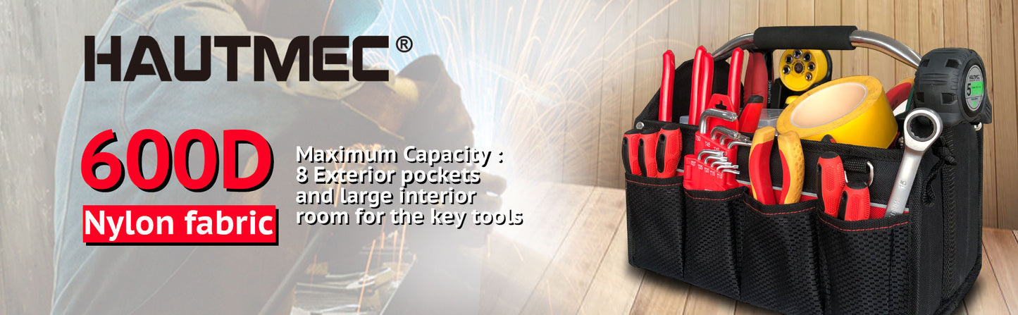 HAUTMEC 13 Inch Tool Bag, Foldable Tool Tote, Portable Open Top Tool Bag, Pro Electrician Tool Bag with Stiff Frame and Reflective Strips,600D Water-Resistant and Wear-Resistant, HT0173