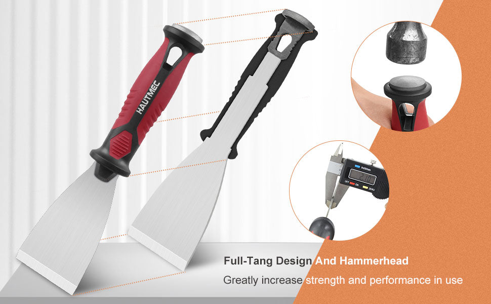 HAUTMEC 3pc Putty Knife Set, 1.25 in - 2 in - 3 in Paint Scraper, Flat Heavy Duty Stainless Steel Blade and Hammer End for Removing Wallpaper for Puttying Plaster, Cement HT0062