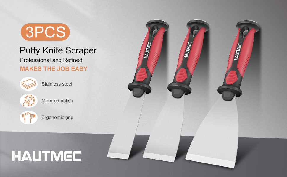 HAUTMEC 3pc Putty Knife Set, 1.25 in - 2 in - 3 in Paint Scraper, Flat Heavy Duty Stainless Steel Blade and Hammer End for Removing Wallpaper for Puttying Plaster, Cement HT0062
