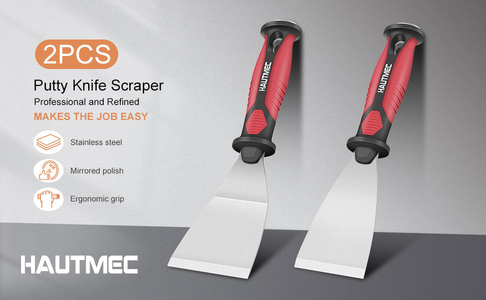 HAUTMEC 2pc Putty Knife Set, 2.5 in Staight and 3 in Offset Scrapers, Heavy Duty Stainless Steel Blade and Hammer End for Removing Wallpaper, Applying Putty, Plaster, Cement HT0061