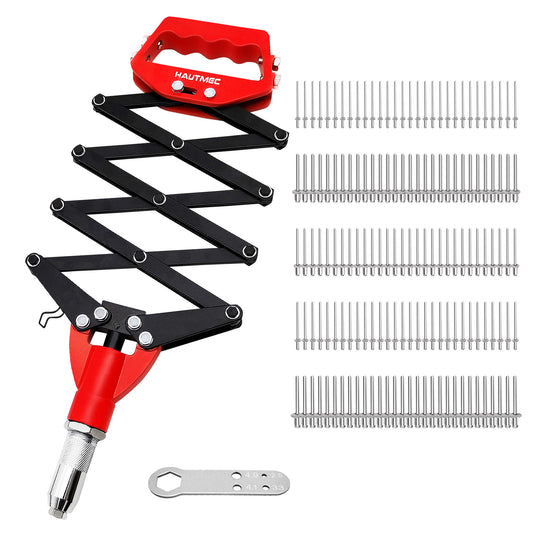 HAUTMEC 5-in-1 Pop Rivet Gun Kit Heavy-Duty Press-Type Labor Saving Rivet Tool with 150Pcs Rivets and Portable Wrench, Type Tool with 4-Fold Lever for Metal, Automotive & Construction HT0436-HR