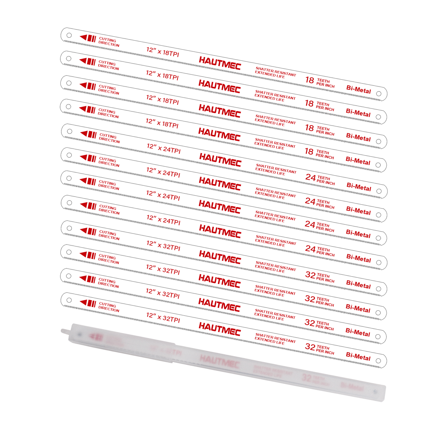 HAUTMEC 12" Hacksaw Blades Set 18 & 24 & 32 TPI – 12 Piece Bi-Metal Replacement Blades Set with High-Speed Steel Teeth and Spring Steel Body, Professional Grade, Fits Most Hacksaw Frames, HT0441