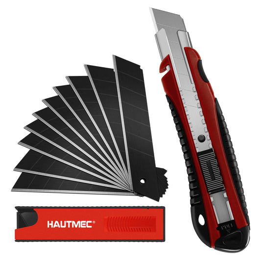 HAUTMEC 25mm Pro Heavy Duty Utility Knife Box Cutter with Extra 10PCS Rust Proof SK2H Black Sharp Blades, Autolock Slider, Sturdy Body for Industrial or Construction Applications HT0205-KN