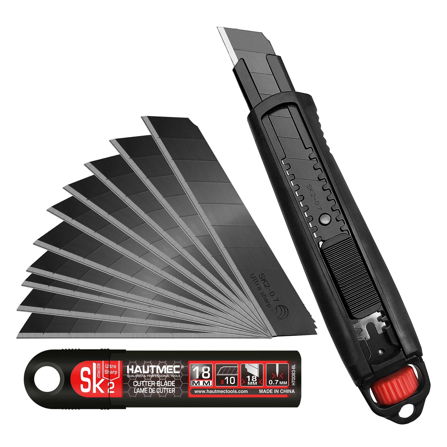 HAUTMEC Professional Safety 18mm Heavy-Duty Utility Knife with Red Secure Knob and 10pc Blade Set HT0153-KN