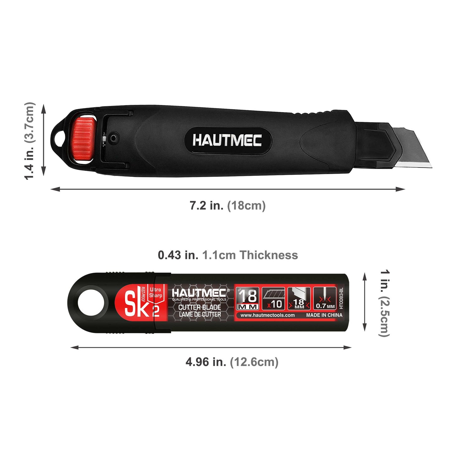 HAUTMEC Professional Safety 18mm Heavy-Duty Utility Knife with Red Secure Knob and 10pc Blade Set HT0153-KN