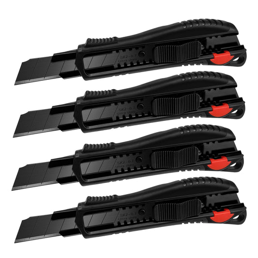 HAUTMEC 4PCS18mm Utility Knife Box Cutter with Safety Quick Change Button, Snap off Black SK2 Ultra Sharp Blade, Anti-Slip Ergonomic Rubber Handle for Leather, Rubber, Cartons, Boxes HT0081-4PC