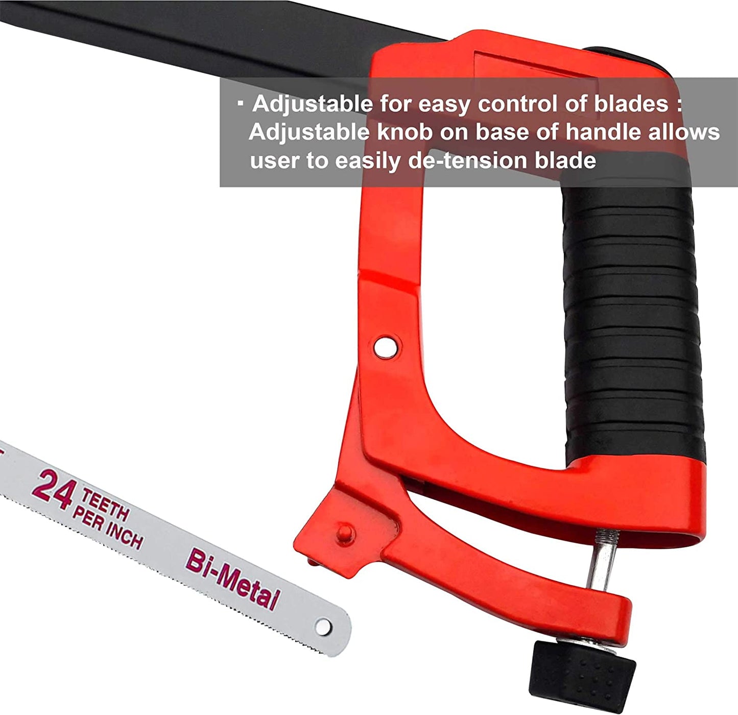 HAUTMEC 12 Inch Adjustable Hacksaw Frame With Blade Cabin, Heavy Duty 45°/90°2 Sawing Angles, 24 TPI High Tension Bi-metal HSS Blade, for Metal, Steel Pipe, PVC, Wood HT0015-CT