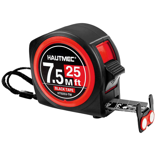 HAUTMEC Measuring Tape 25Ft-Double Side Metric and Inches Black Tape, Retractable Tape Measure with Double Stop Buttons,Magnetic Hook and Compact Case for Construction, Carpenter, Architect HT0253-TM