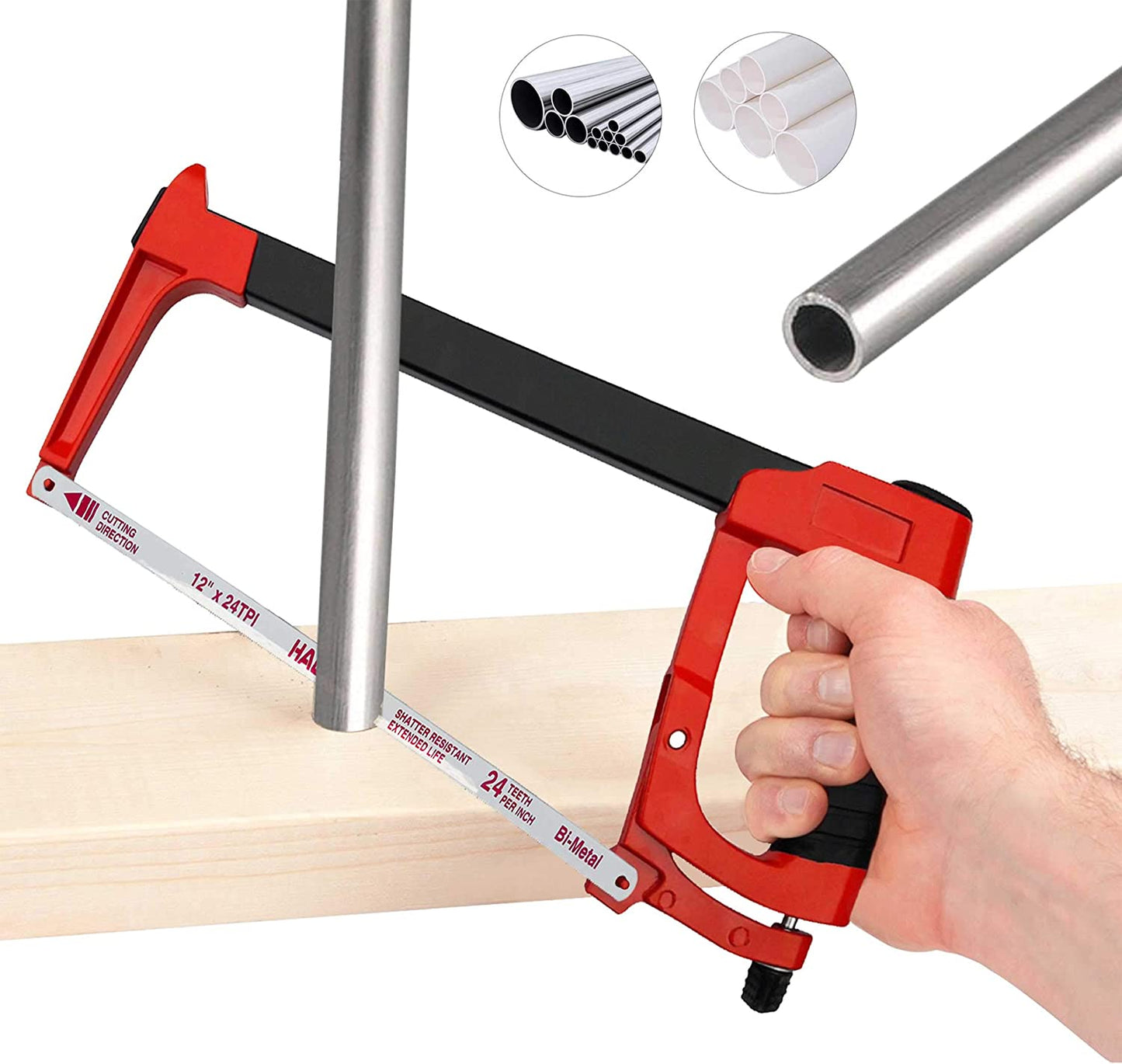 HAUTMEC 12 Inch Adjustable Hacksaw Frame With Blade Cabin, Heavy Duty 45°/90°2 Sawing Angles, 24 TPI High Tension Bi-metal HSS Blade, for Metal, Steel Pipe, PVC, Wood HT0015-CT