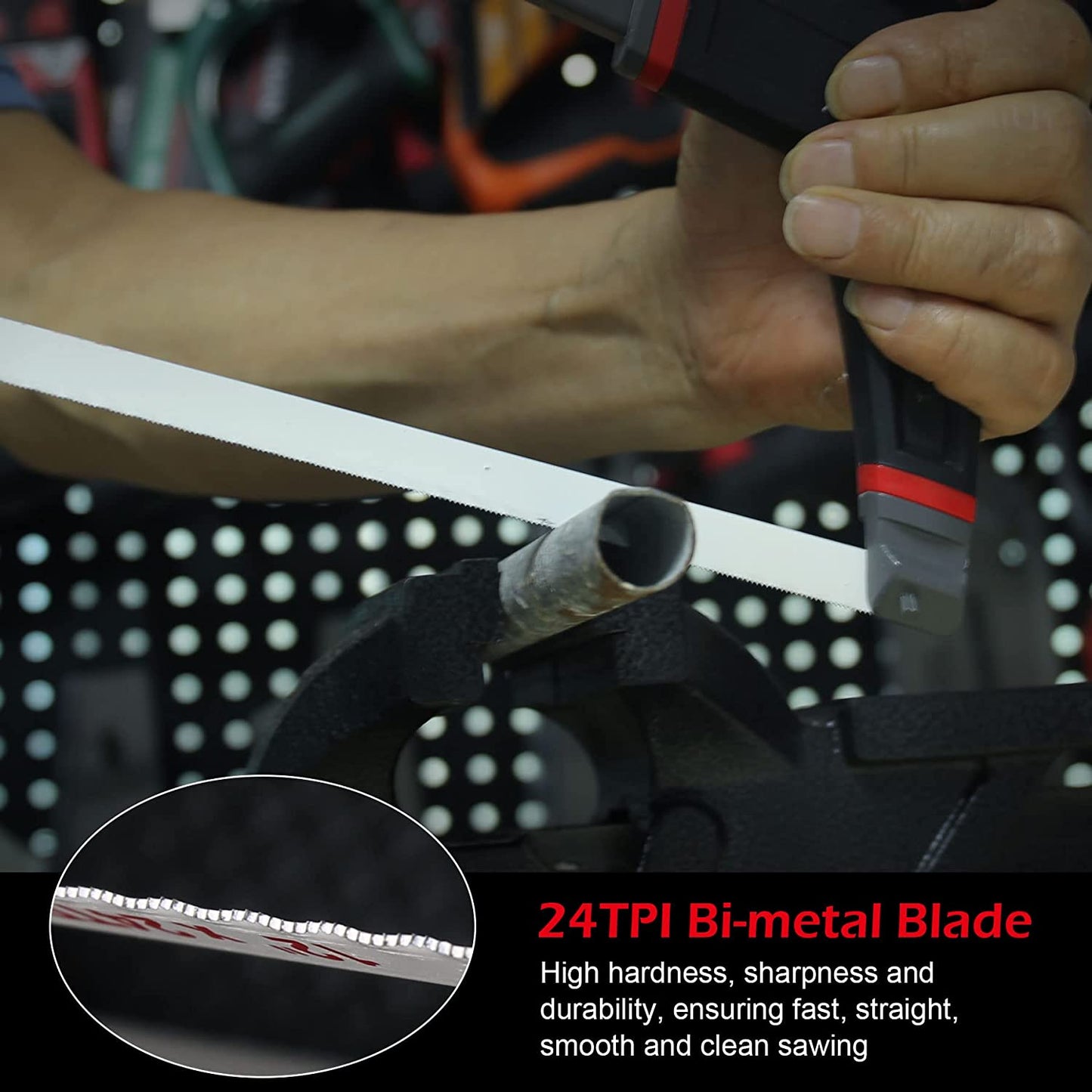 HAUTMEC 12 Inch X-Power High-Tension Hacksaw Frame, Adjustable 55°/90°Heavy Duty Aluminum Structure，Soft Non-slip Grip, 24 TPI Bi-Metal Blade for Metal, Wood, PVC Pipes HT0146-HS