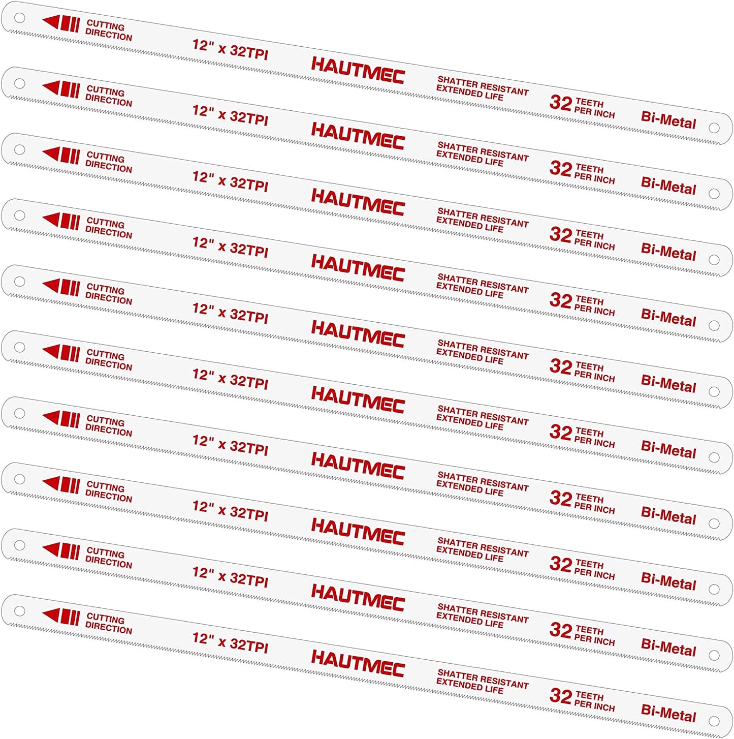 HAUTMEC 12" Hacksaw Blades Replacement Bi-Metal(10 Pack) 32 TPI High Speed Steel Grounded Teeth HT0018-CT