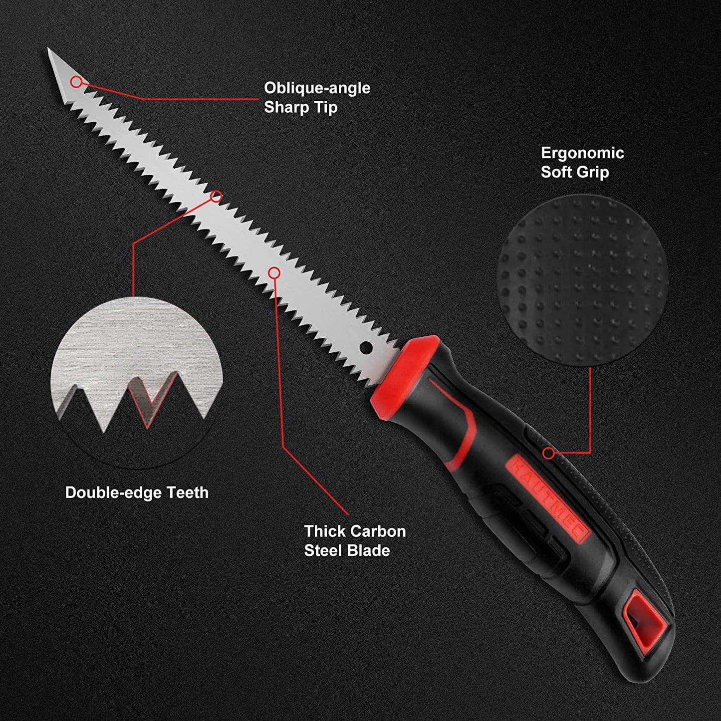 HAUTMEC 6-Inch Drywall/JabJab Saw with Soft Grip Handle and Sharp Tip, Double Edge Hand Saw for Wallboard, Drywall, Plywood, Plastic Cutting, Trimming, Gardening and Pruning HT0028-SA
