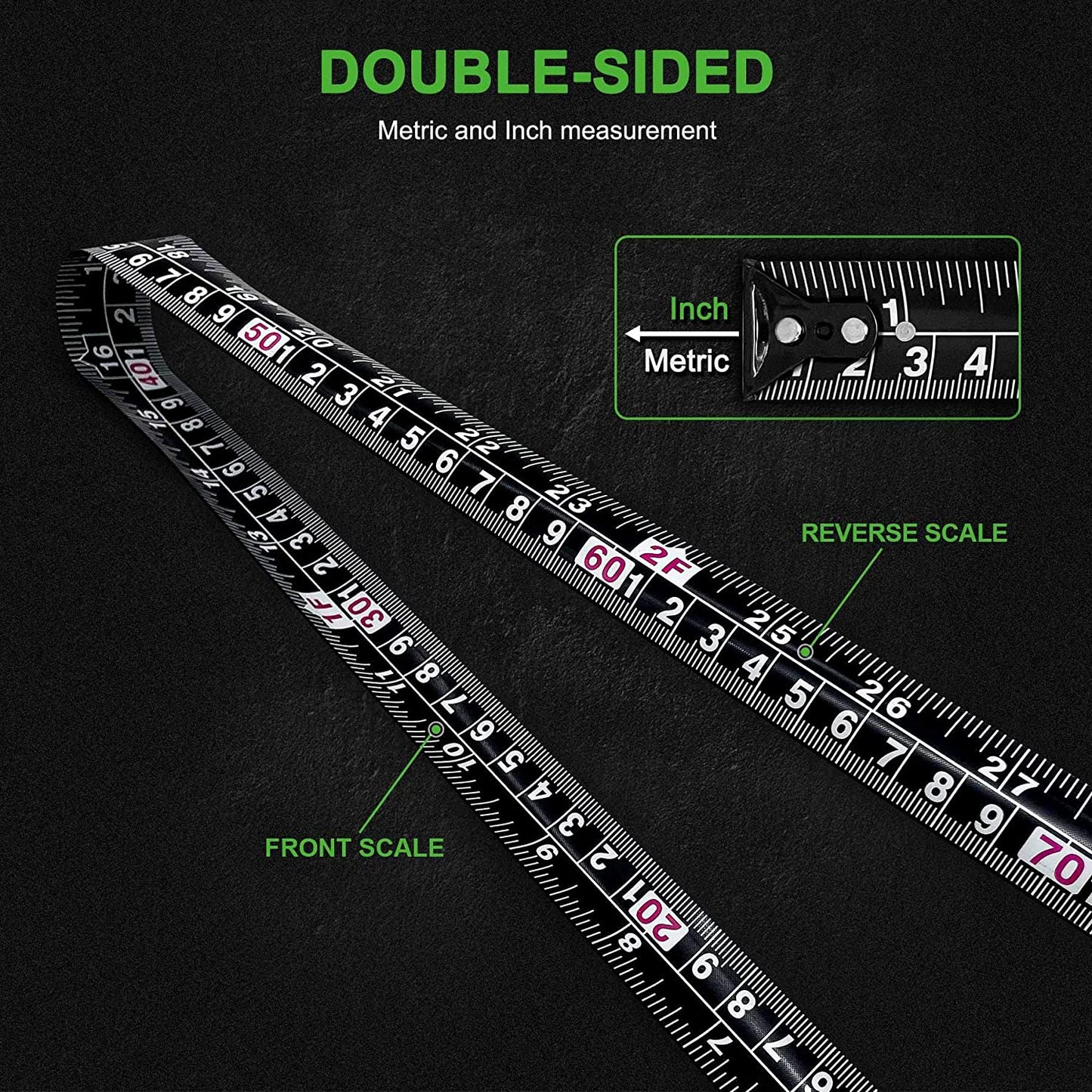 HAUTMEC 16 Ft (5m) Heavy Duty AutoLock Black Tape Measure, Self-Lock, 1" Wide Black Rigid Blade, Dual Sided Rule Print, HT0100-TM