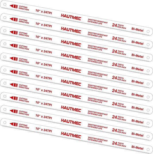 HAUTMEC 10" Hacksaw Blades Replacement Bi-Metal(10 Pack) 24 TPI High Speed Steel Grounded Teeth HT0120-CT