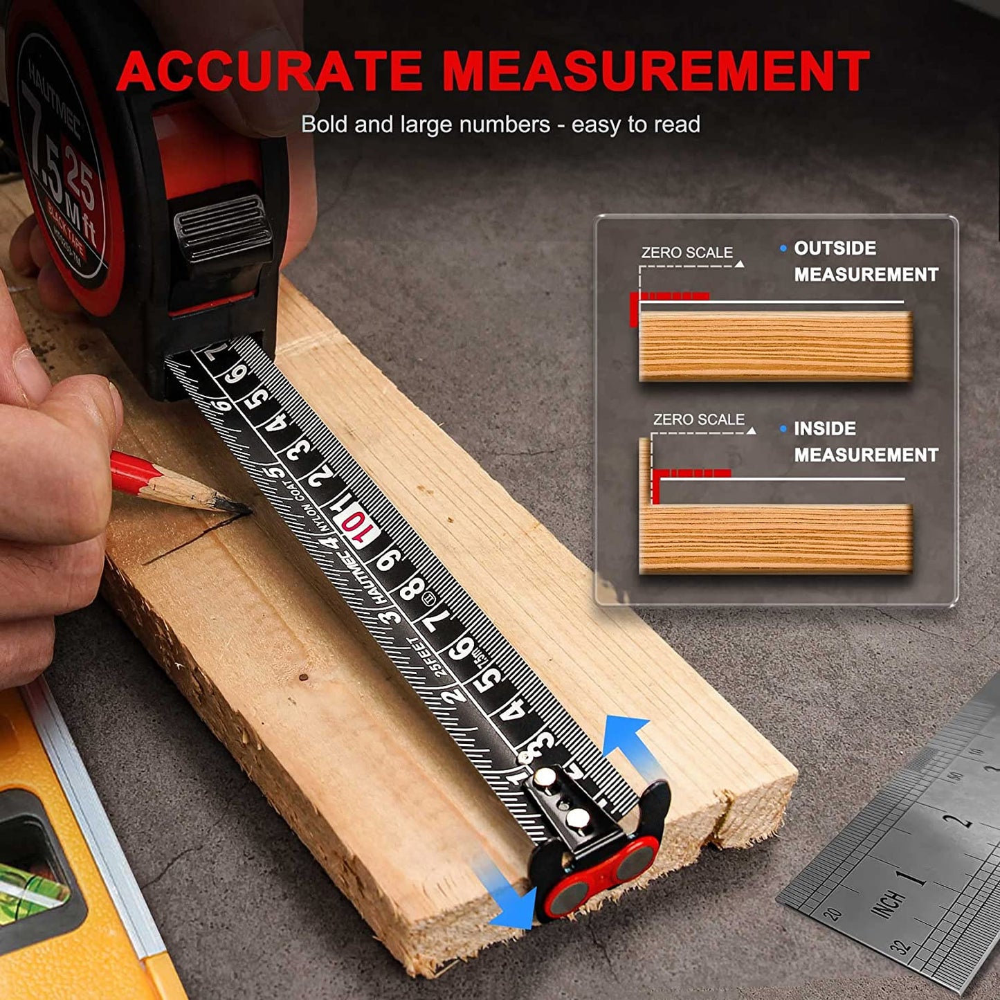 HAUTMEC Measuring Tape 25Ft-Double Side Metric and Inches Black Tape, Retractable Tape Measure with Double Stop Buttons,Magnetic Hook and Compact Case for Construction, Carpenter, Architect HT0253-TM
