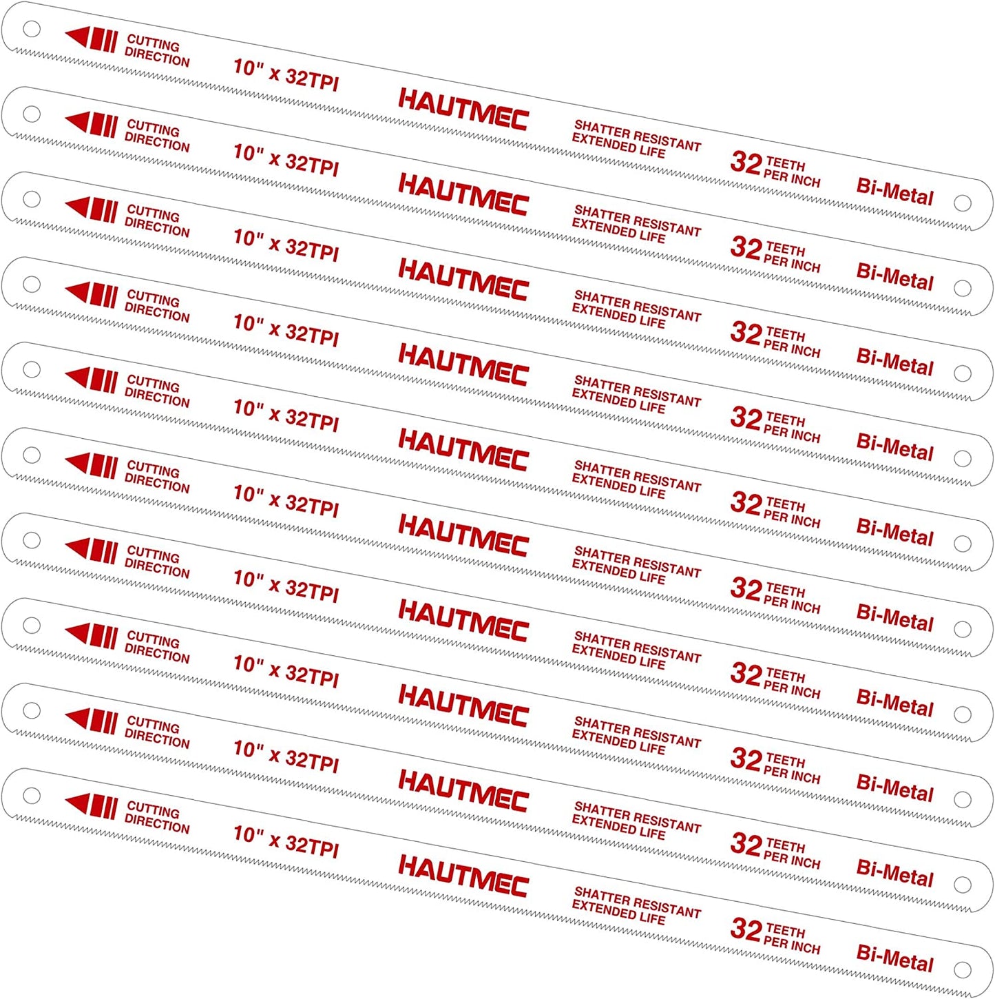 HAUTMEC 10" Hacksaw Blades Replacement Bi-Metal(10 Pack) 32 TPI High Speed Steel Grounded Teeth HT0121-CT