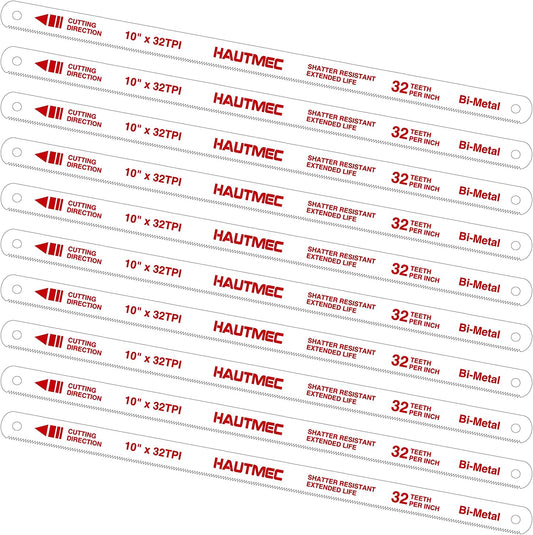 HAUTMEC 10" Hacksaw Blades Replacement Bi-Metal(10 Pack) 32 TPI High Speed Steel Grounded Teeth HT0121-CT