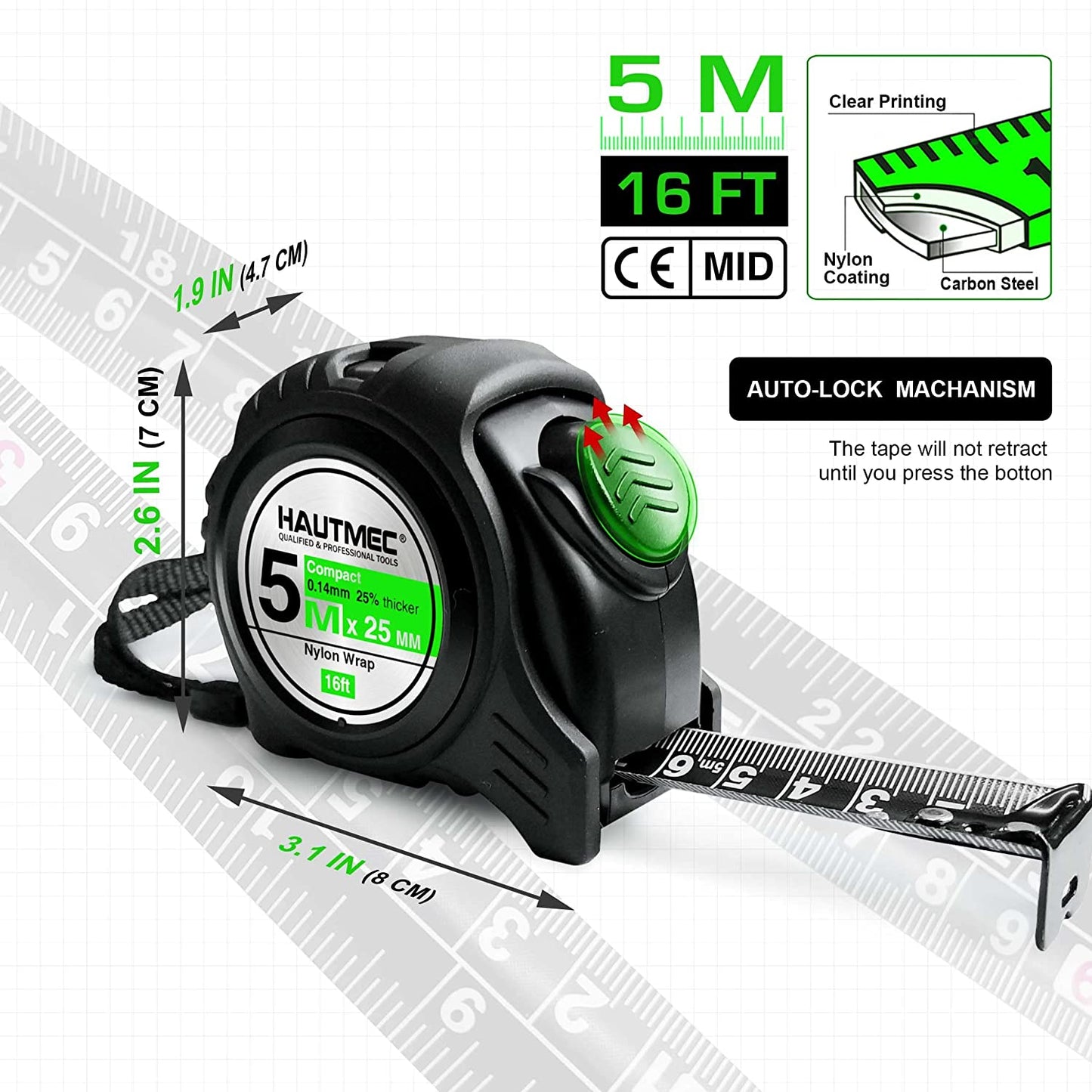 HAUTMEC 16 Ft (5m) Heavy Duty AutoLock Black Tape Measure, Self-Lock, 1" Wide Black Rigid Blade, Dual Sided Rule Print, HT0100-TM