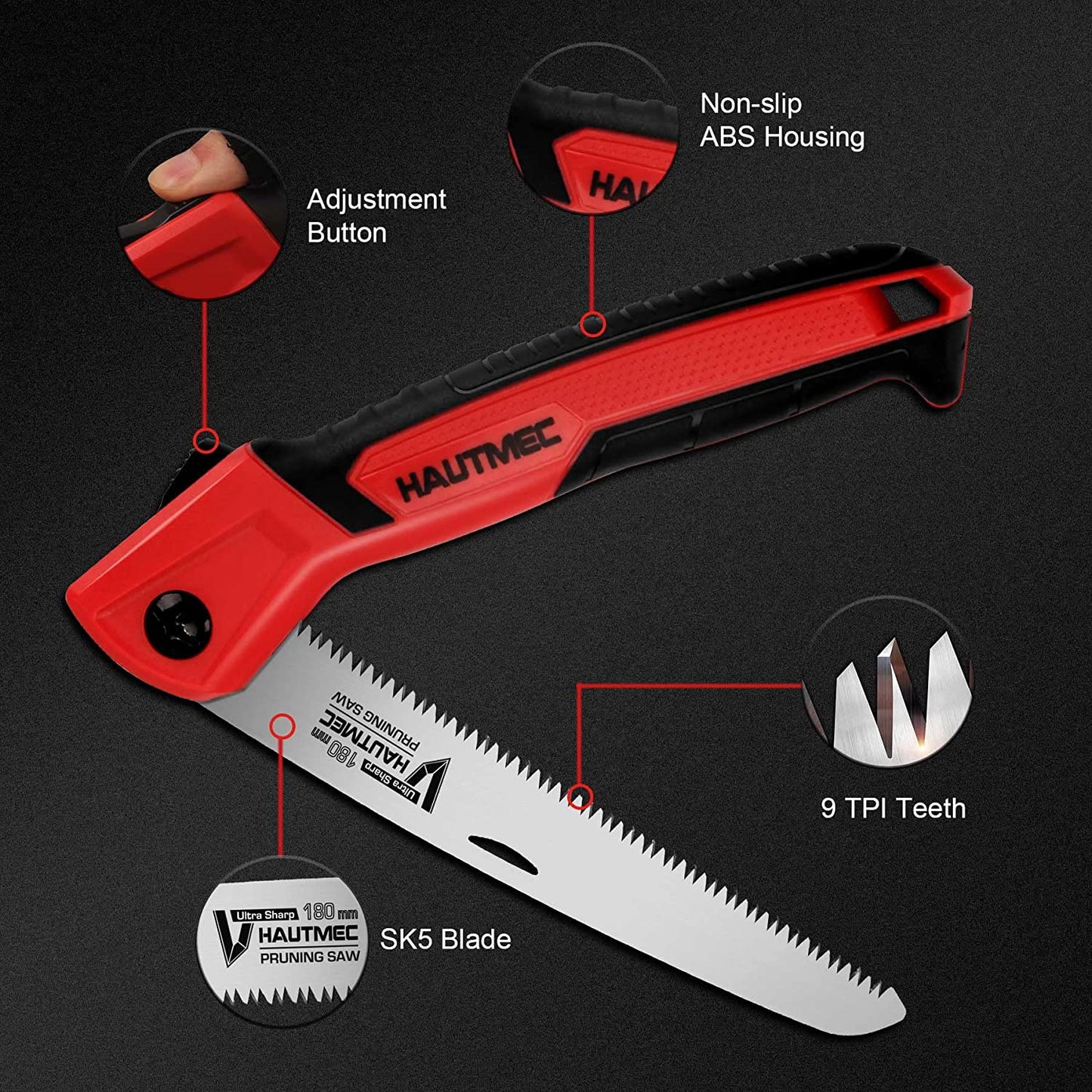 HAUTMEC 7 inch Folding Saw, SK-5 Steel and Triple-ground Teeth, Heavy Duty Single-Hand Blade Hand Saw for Wood Camping, Dry Wood Pruning Saw, for Garden Camping, Hunting and Bushcraft HT0135-PS